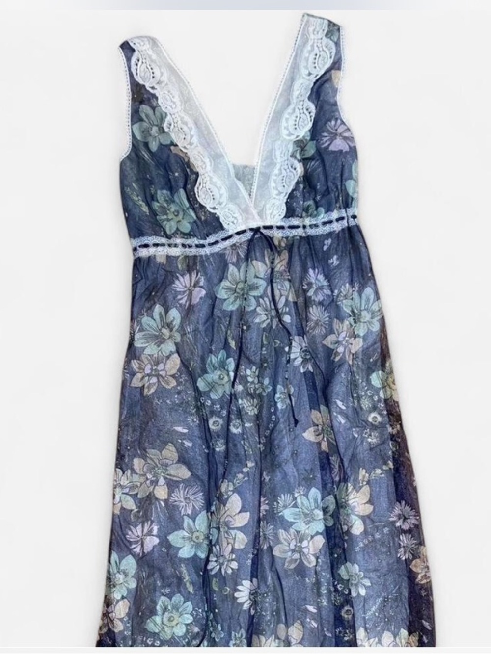 Sheer Navy Floral Vintage Nightgown with Lace Trim